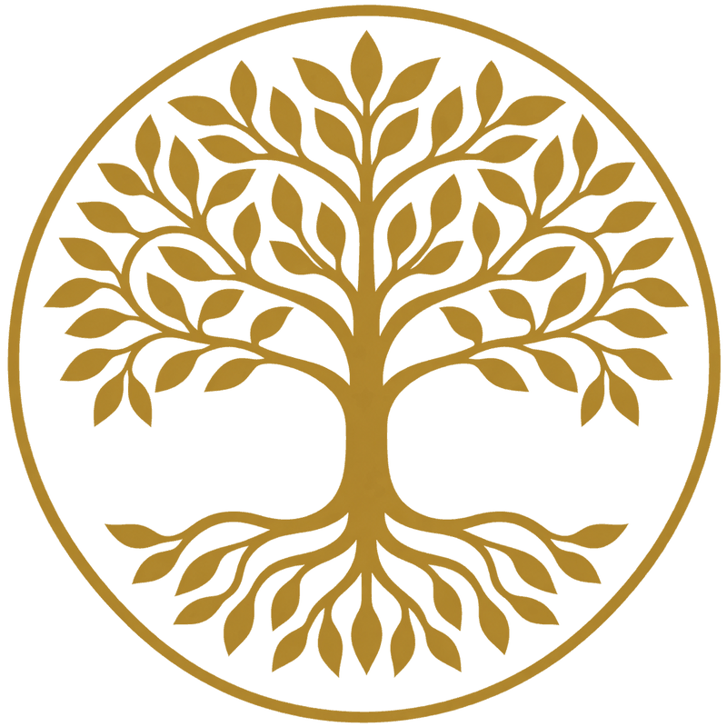 The tree of life: a gold tree with branches above and matching roots below, inside a circle